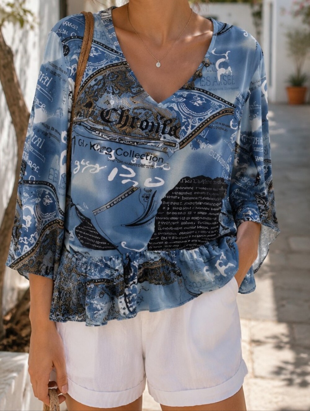 Initiatives Blue Graphic Print Blouse Y2K Boho Paisley Patchwork Ruffle Hem Top